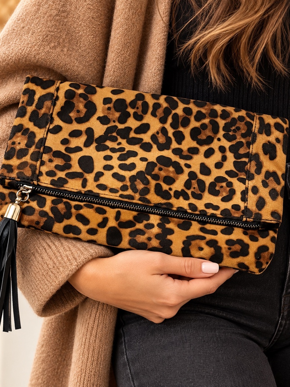 Sole Society Leopard Print Foldover Clutch Tassel Bag Brown Black Animal Print